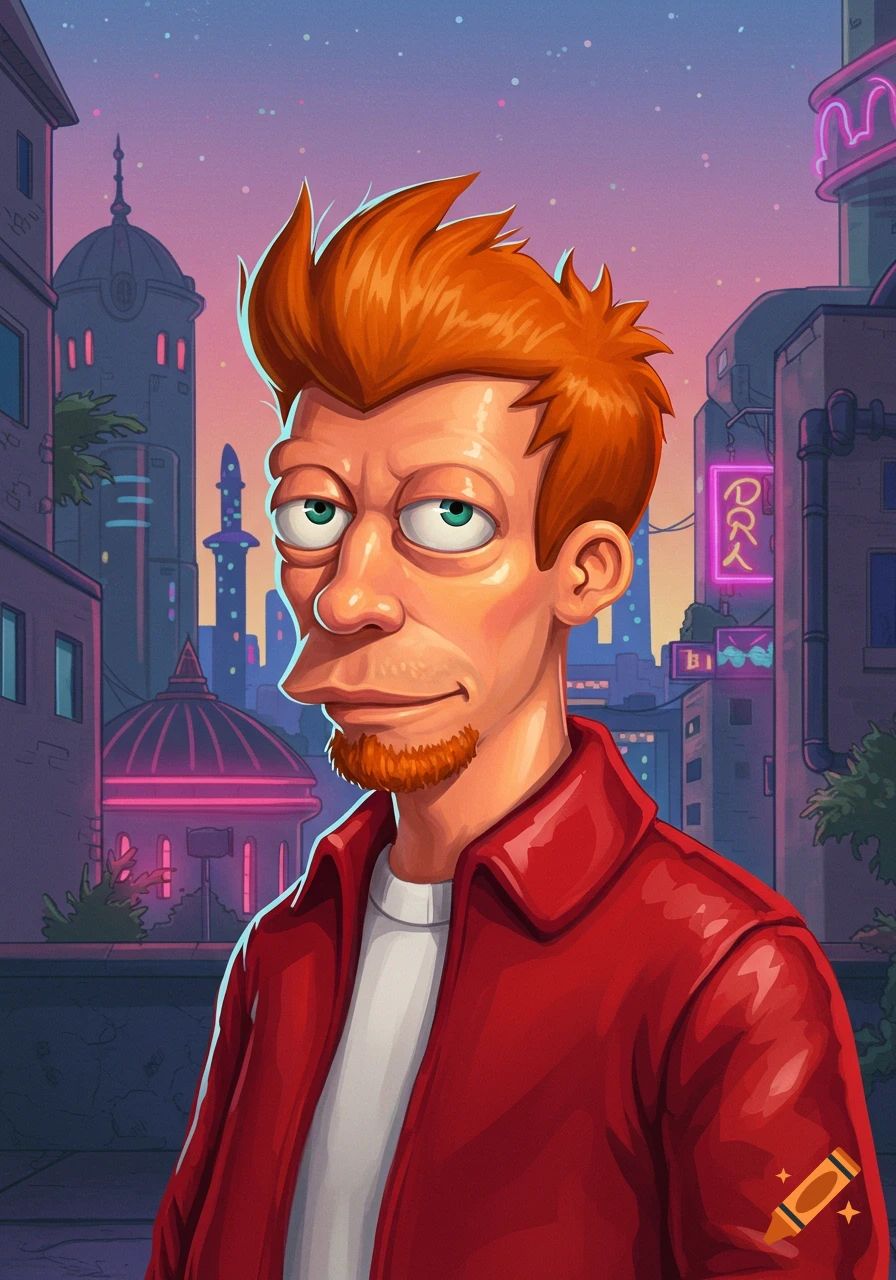 Cartoon character Philip J. Fry with red hair and goatee wears a red jacket in a futuristic city at sunset.
