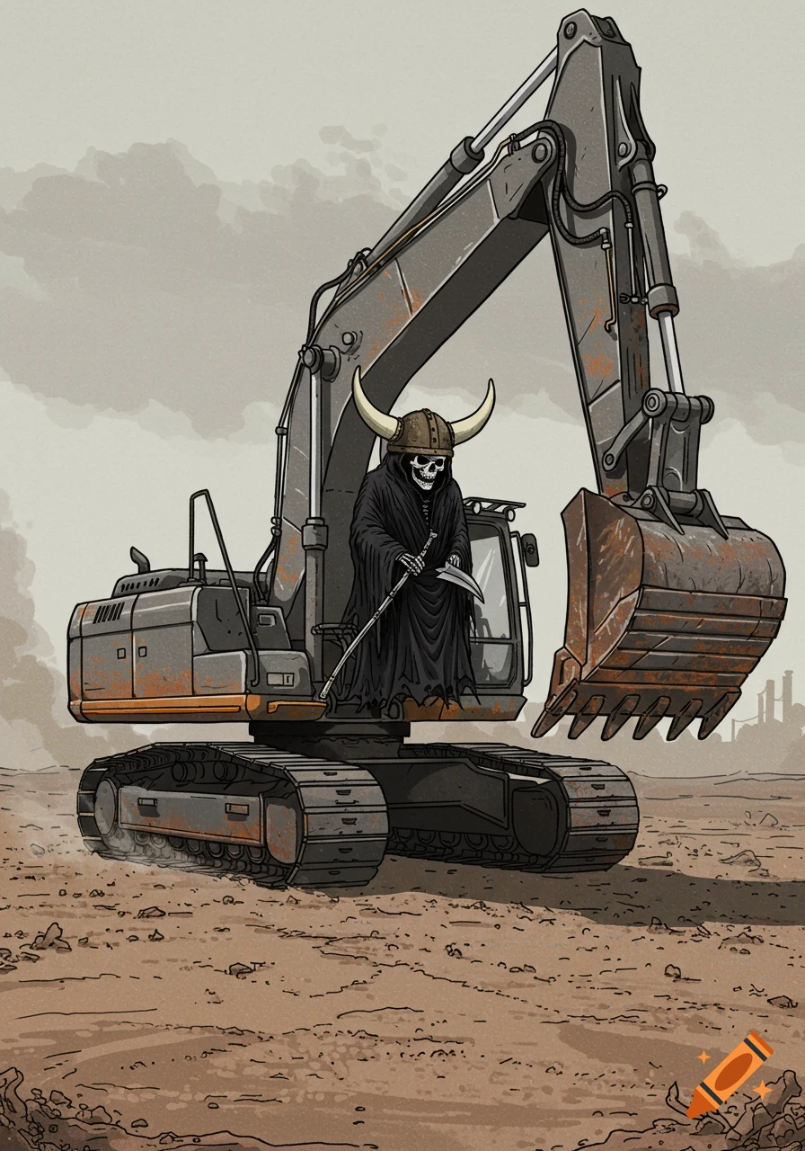 A stylized illustration of the Grim Reaper wearing a horned Viking helmet, operating a large excavator in a barren, dusty landscape.