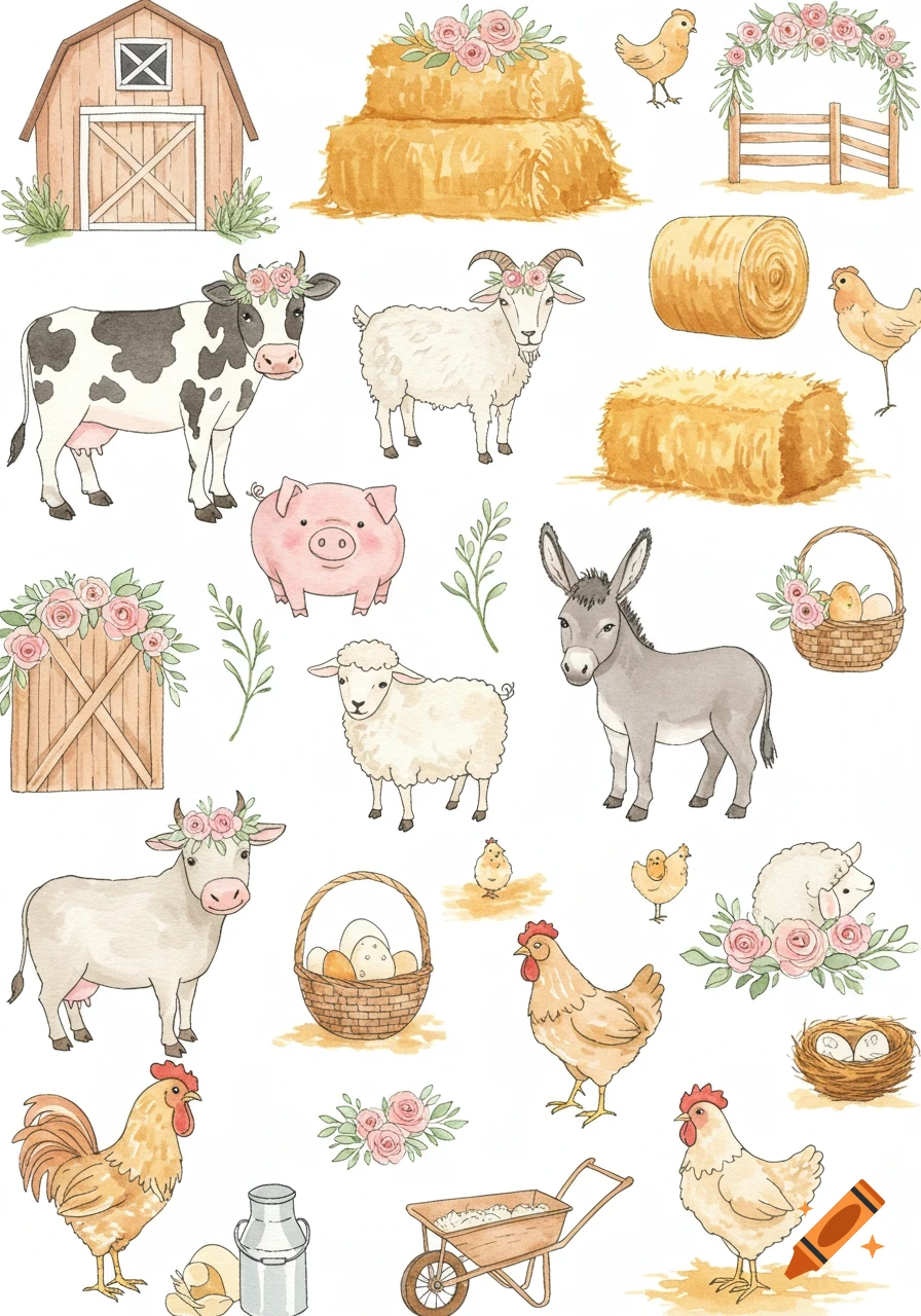 Whimsical watercolor clipart with various farm animals including cows, a pig, goat, sheep, donkey, chickens, and rooster, alongside farm objects like a barn and hay bales, on a white background.