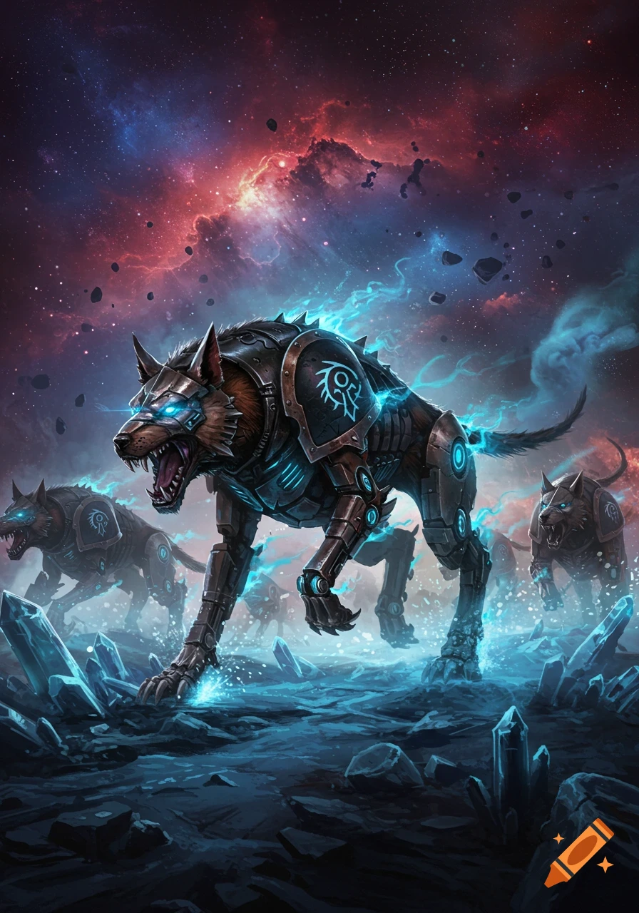 Armored cybernetic wolves with glowing blue accents stride across a crystalline alien landscape under a vivid cosmic nebula.