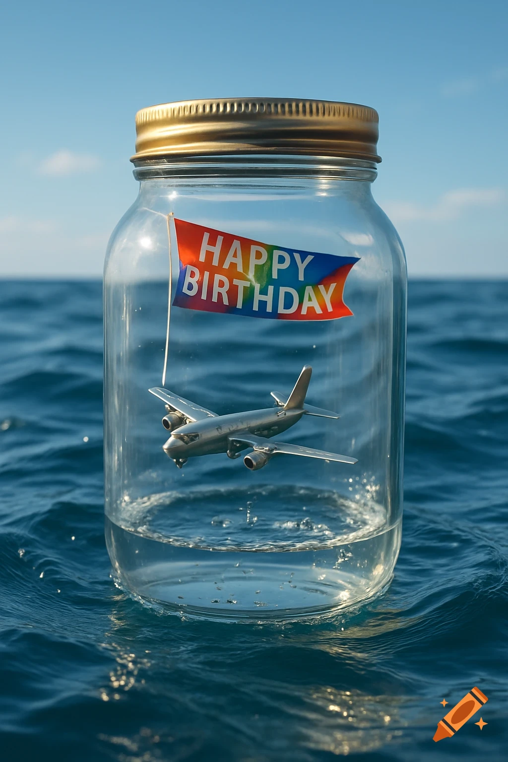 A glass jar containing a silver toy airplane and a rainbow-colored 'HAPPY BIRTHDAY' flag floats in the open sea under a clear sky, photorealistic.
