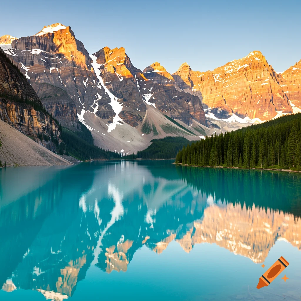 Moraine Lake in Banff, Canada, with turquoise water reflecting sunlit snow-capped mountains and green pine forests.