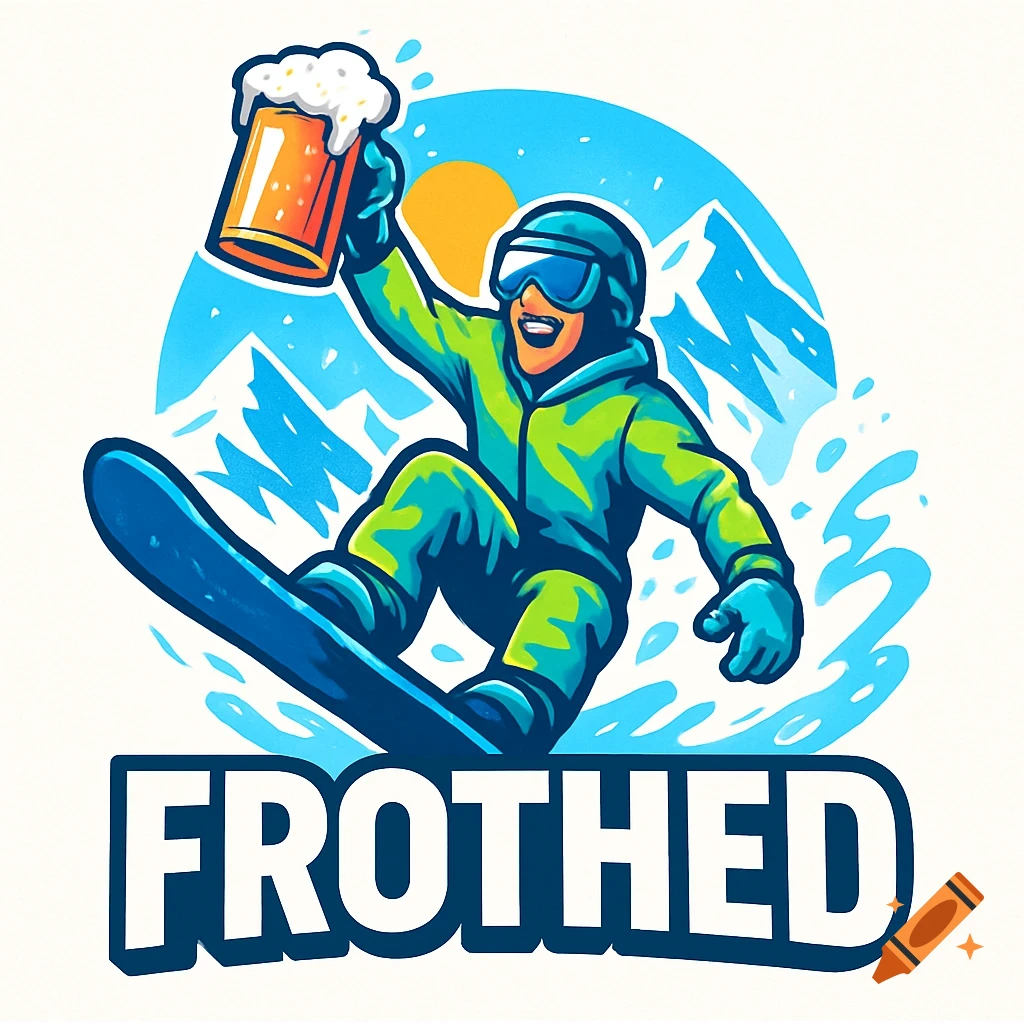 Cartoon logo of a snowboarder holding up a frothy beer, with mountains and a sun in the background, and the word 'FROTHED' below.