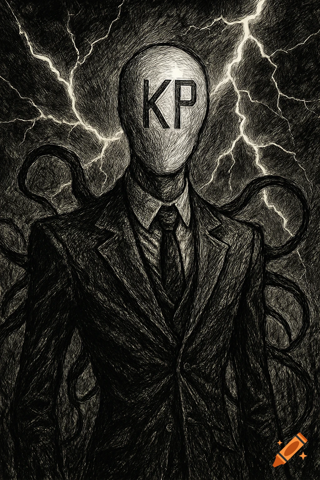 Scratchy black line art of Slender Man in a suit with 'KP' on his faceless head, surrounded by lightning and dark tentacles.