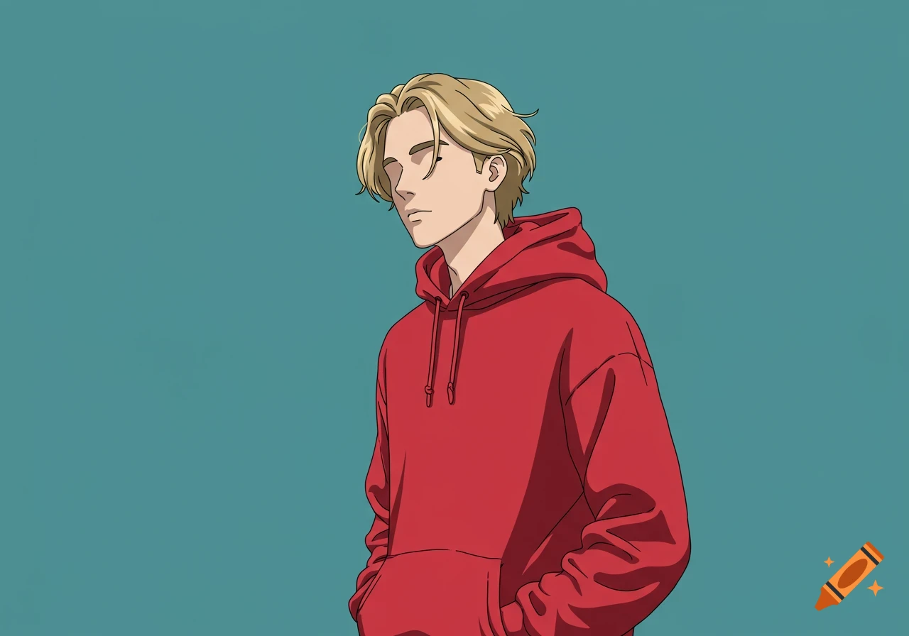A chill guy with dirty blonde hair and a red hoodie on a teal background in an anime style.