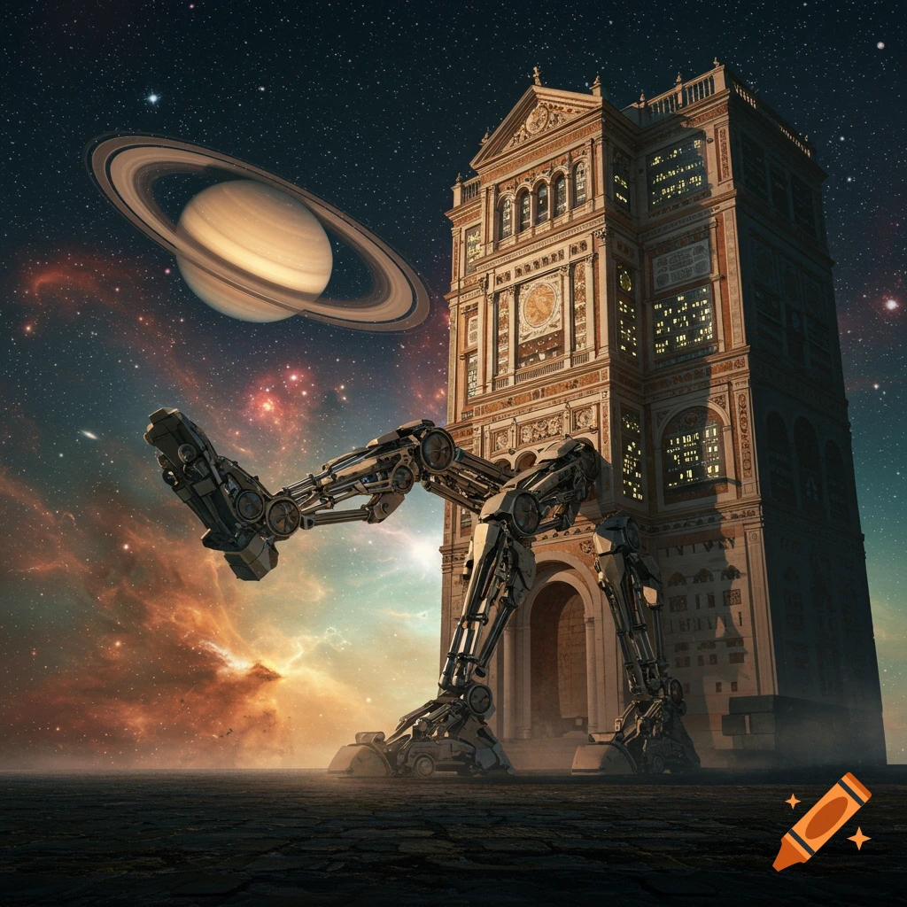 A giant ornate building with robotic legs stands on cracked ground under a cosmic sky with Saturn and nebulae.