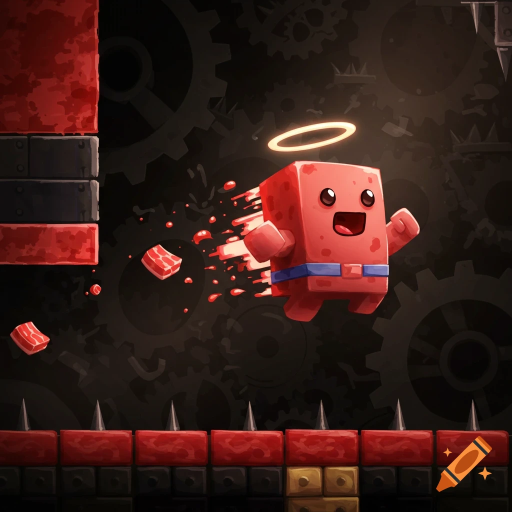 A red block character with a halo and blue belt jumps over spikes, leaving a trail of blood in a dark, industrial game level.