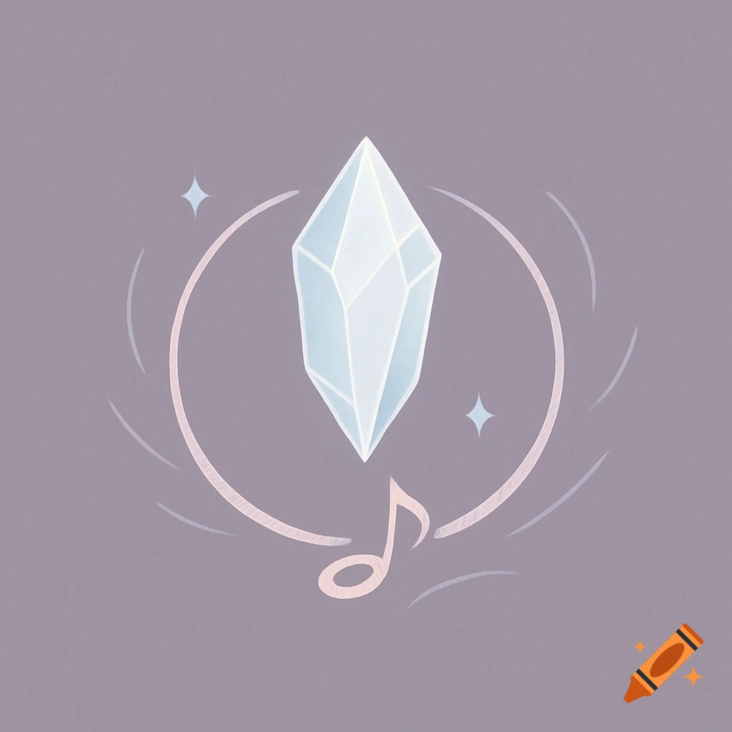 A minimalist illustration of a light blue crystal with a pink musical note and sparkling lines on a purple background.