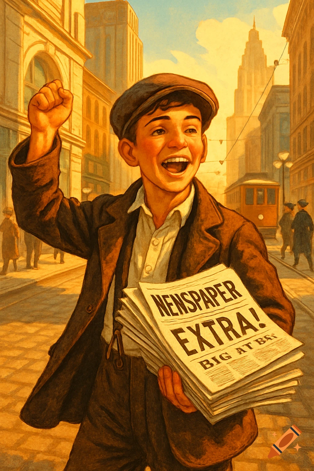 A smiling 1920s newsboy in a cap holds up newspapers that read 'NEWSPAPER EXTRA!' on a busy city street, illustration.