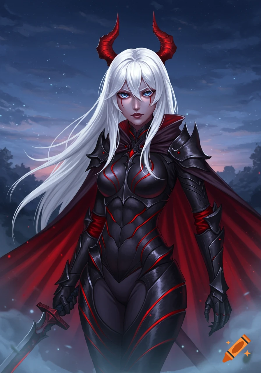 A fantasy warrior with white hair, red horns, dark armor with red accents, and a red cape holds a sword against a starry night sky.