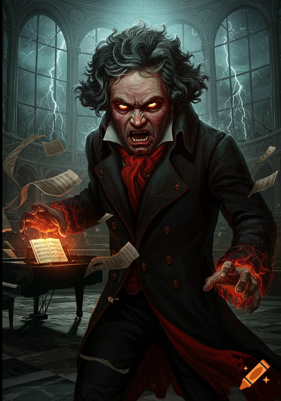 A menacing, evil Beethoven with glowing eyes and fiery hands stands in a stormy, gothic room with a piano and floating sheet music.