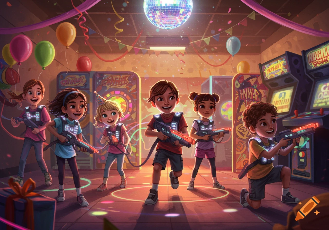 Cartoon kids play laser tag in a brightly lit arcade birthday party.