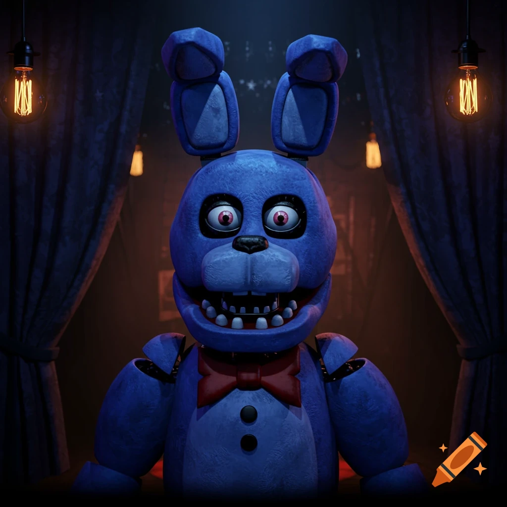 A blue animatronic rabbit, Bonnie from FNaF, stares with a creepy smile on a dark stage with glowing bulbs.