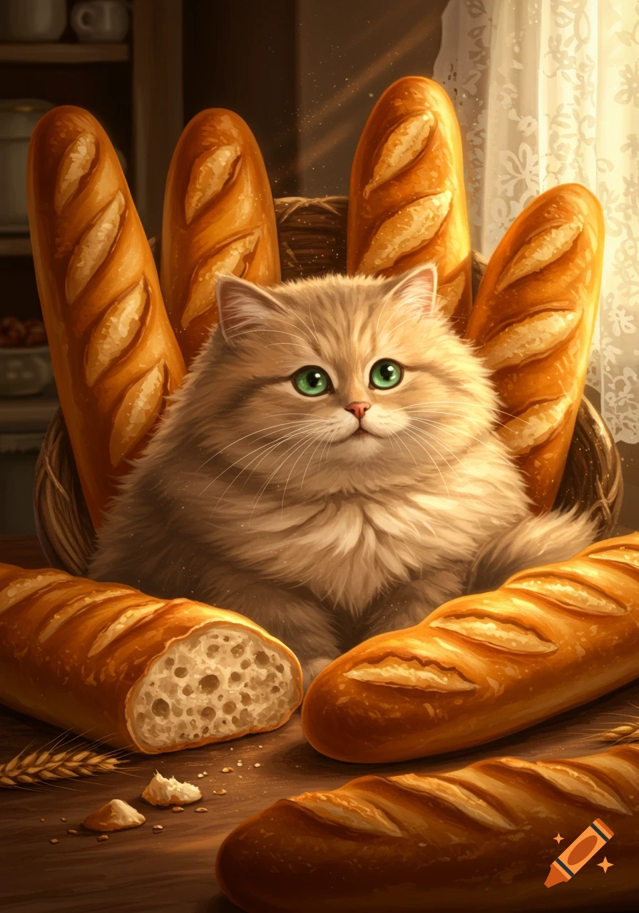 A fluffy, light brown cat with green eyes peeks from a basket of baguettes, surrounded by bread and wheat on a wooden table.