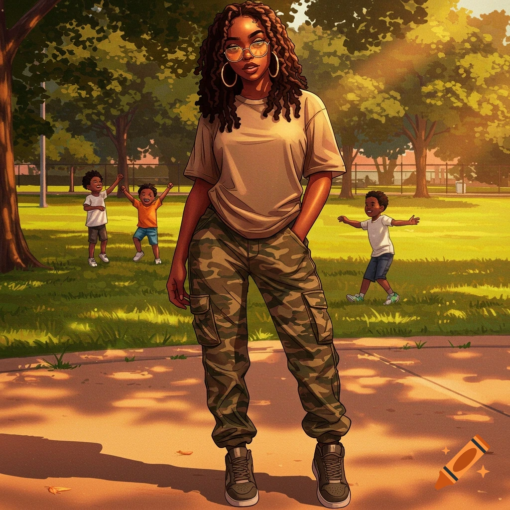 Anime illustration of a dark-skinned Black woman in cargo pants and a tee shirt standing in a park with children playing in the background.