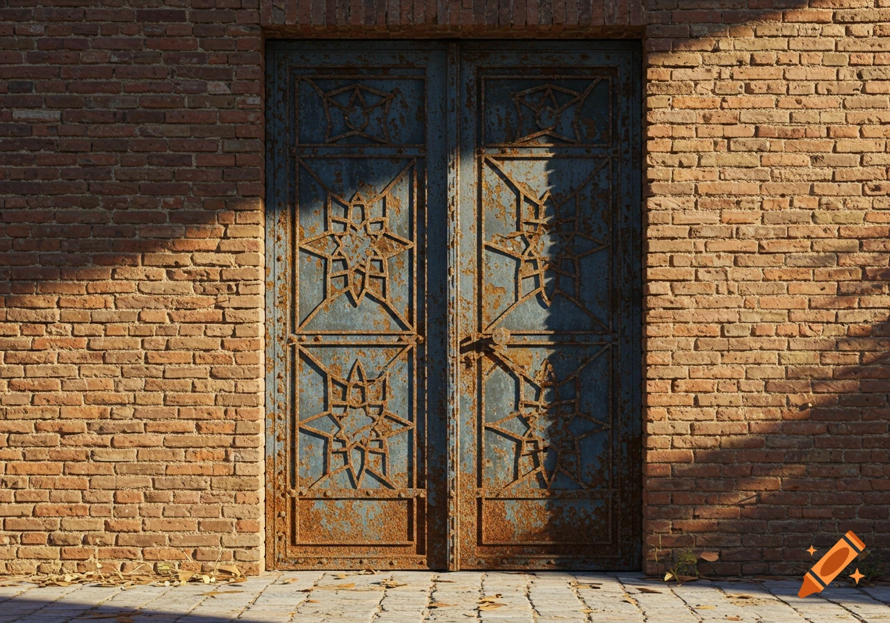 A weathered, ornate blue metal door with intricate patterns and visible rust, set into a red brick wall, under soft afternoon sunlight.