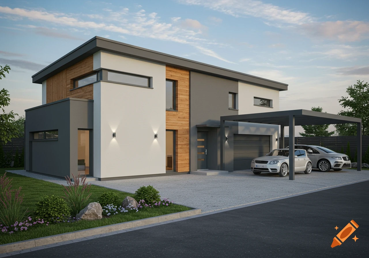 Photorealistic modern house with gray and white facade, wood accents, a double carport with two cars, and a minimalist garden.