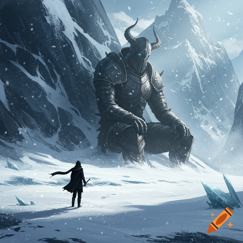 A lone person in black stands in a snowy mountain landscape, looking at a huge armored giant sitting beside a mountain.