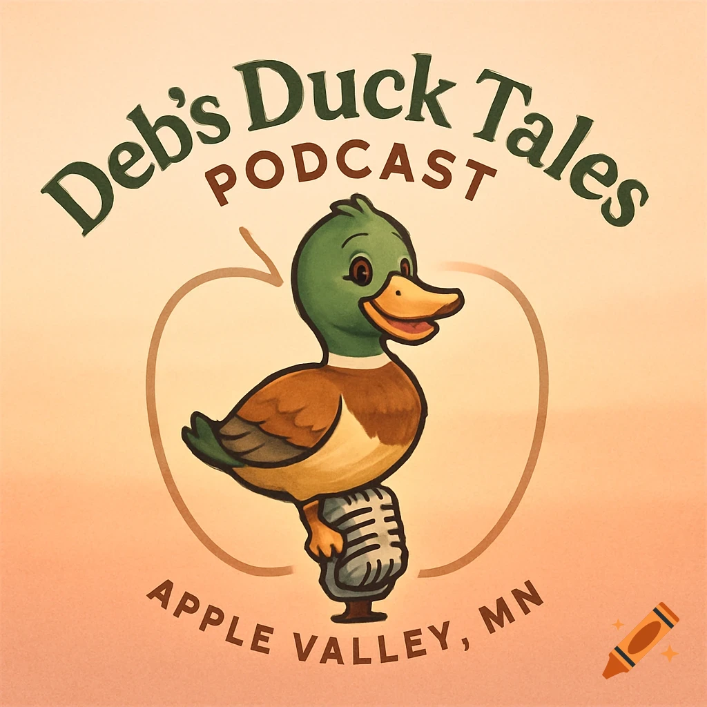 Cartoon logo for 'Deb's Duck Tales Podcast' featuring a green-headed duck holding a microphone, with 'Apple Valley, MN' text.