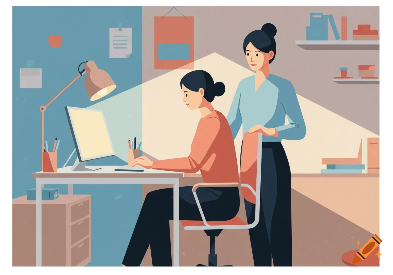 A simple geometric illustration of two women in an office, one working at a computer, the other looking over her shoulder.