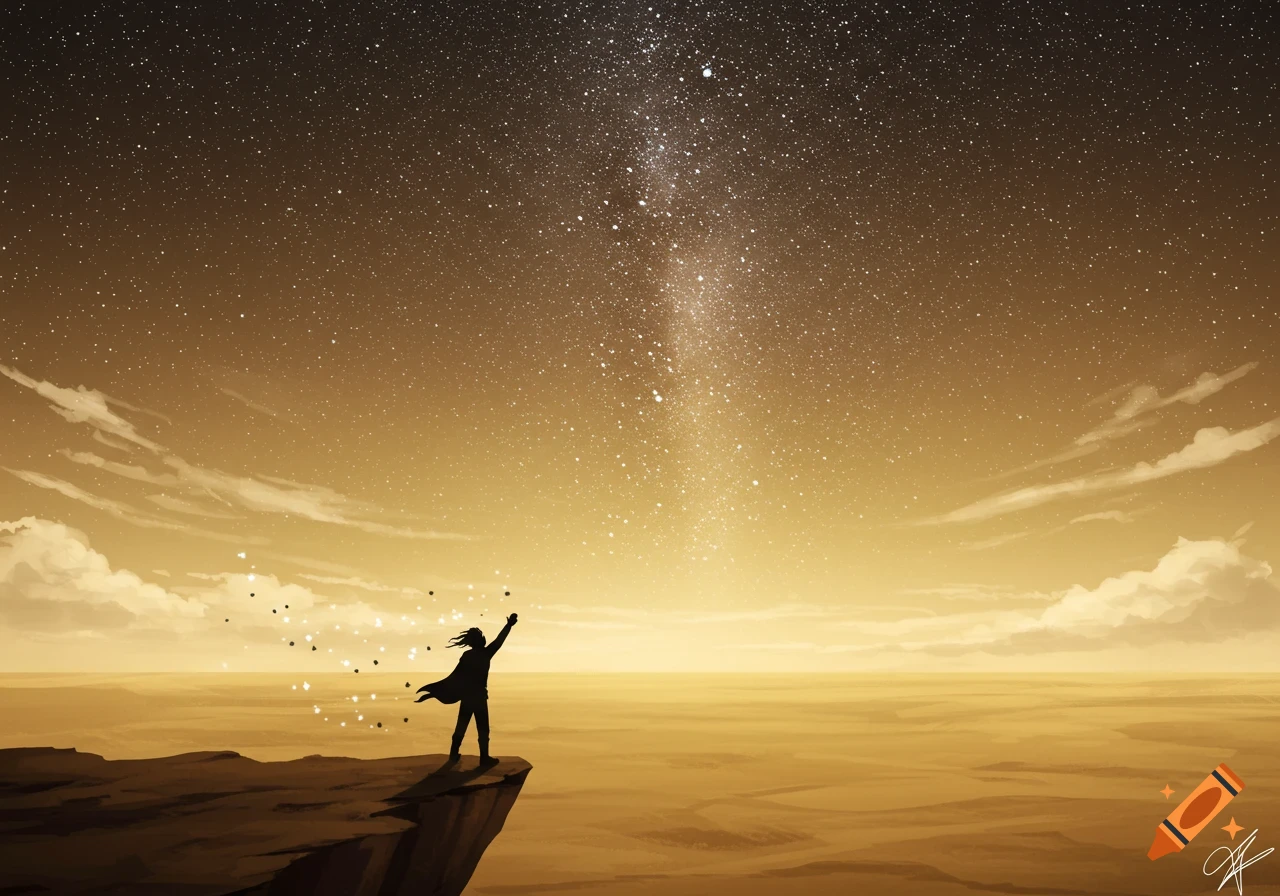 Stylized illustration of a person silhouetted on a cliff, reaching towards a beam of stars over a vast dusty landscape.