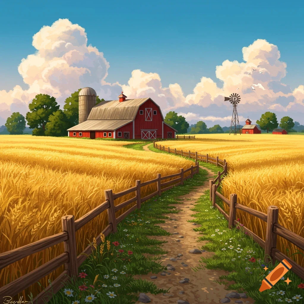 A vibrant illustration of a red barn and silo in a golden wheat field under a blue sky, with a winding path and wooden fence.