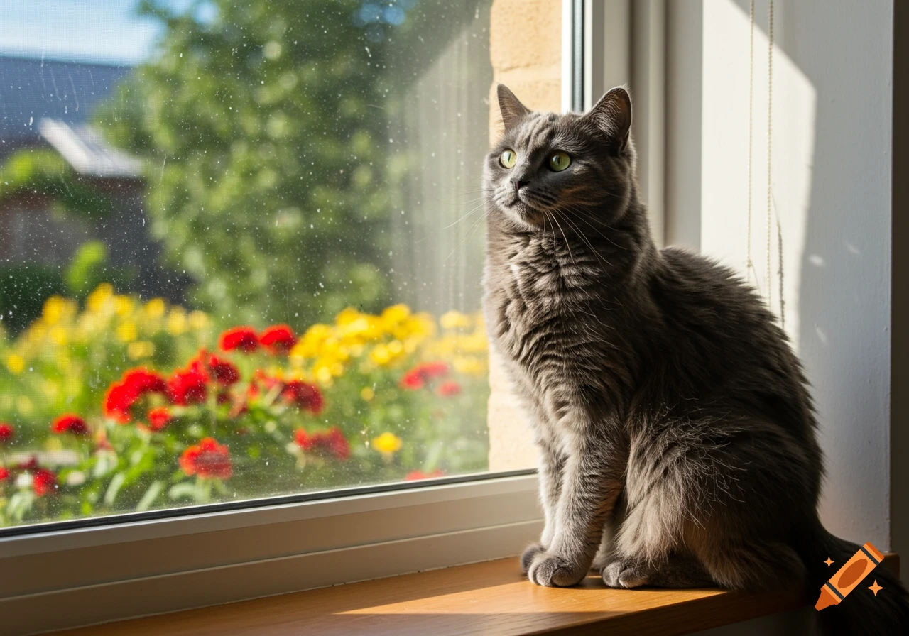 A photorealistic grey cat with green eyes sits on a sunny windowsill, looking out at a vibrant flower garden.