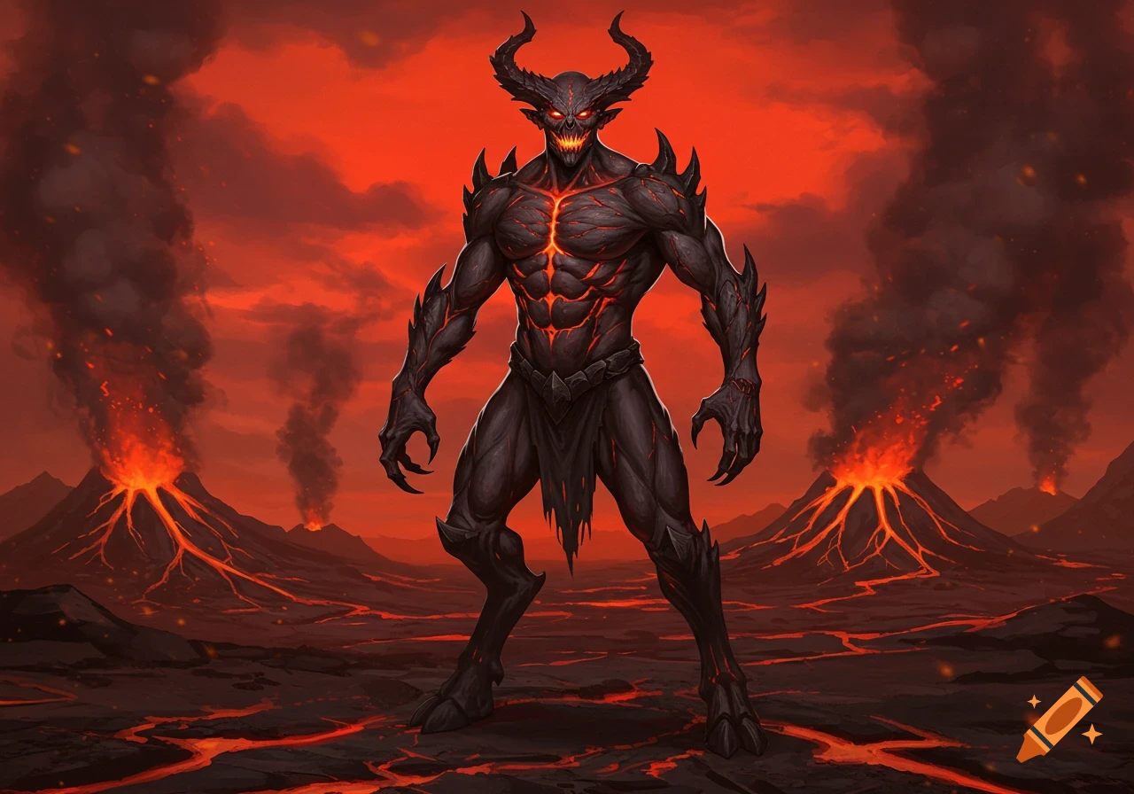 A horned demon with glowing red eyes and fiery skin stands in a volcanic hellscape with lava and erupting volcanoes.
