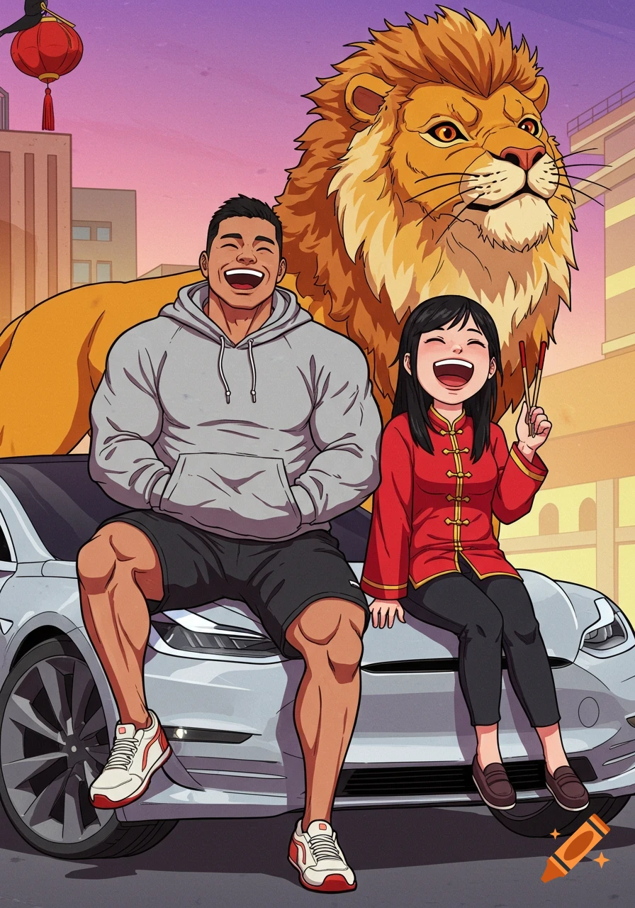 A cartoon of a muscular man and a Chinese girl sitting on a silver Tesla, laughing, with a large lion behind them.