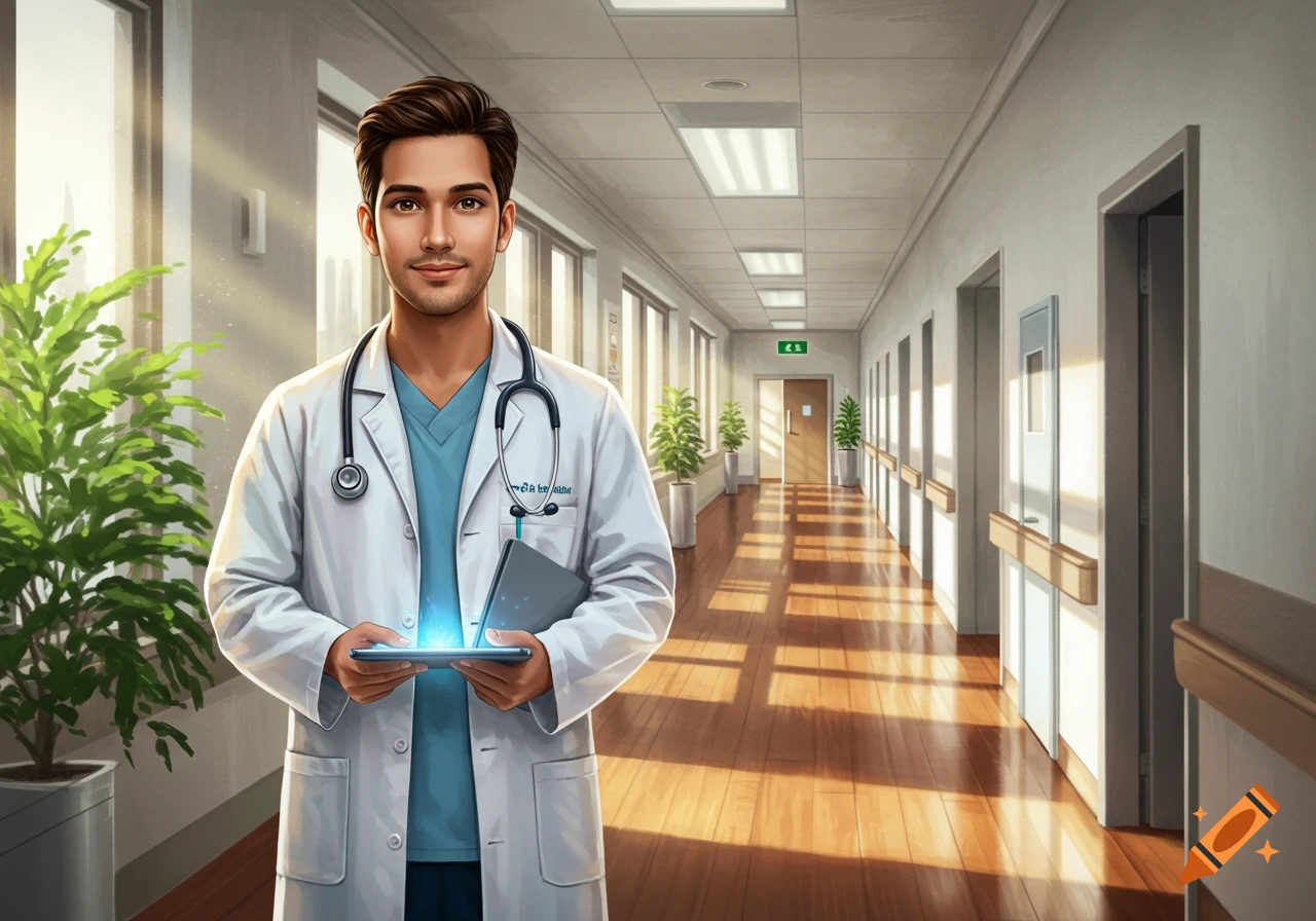 A male doctor with a stethoscope and glowing tablet stands in a bright hospital hallway, digital art.