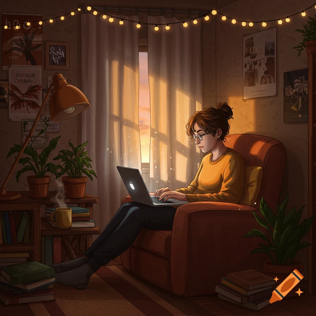 A person with a bun and glasses sits in an armchair, typing on a laptop in a cozy room bathed in warm sunset light.
