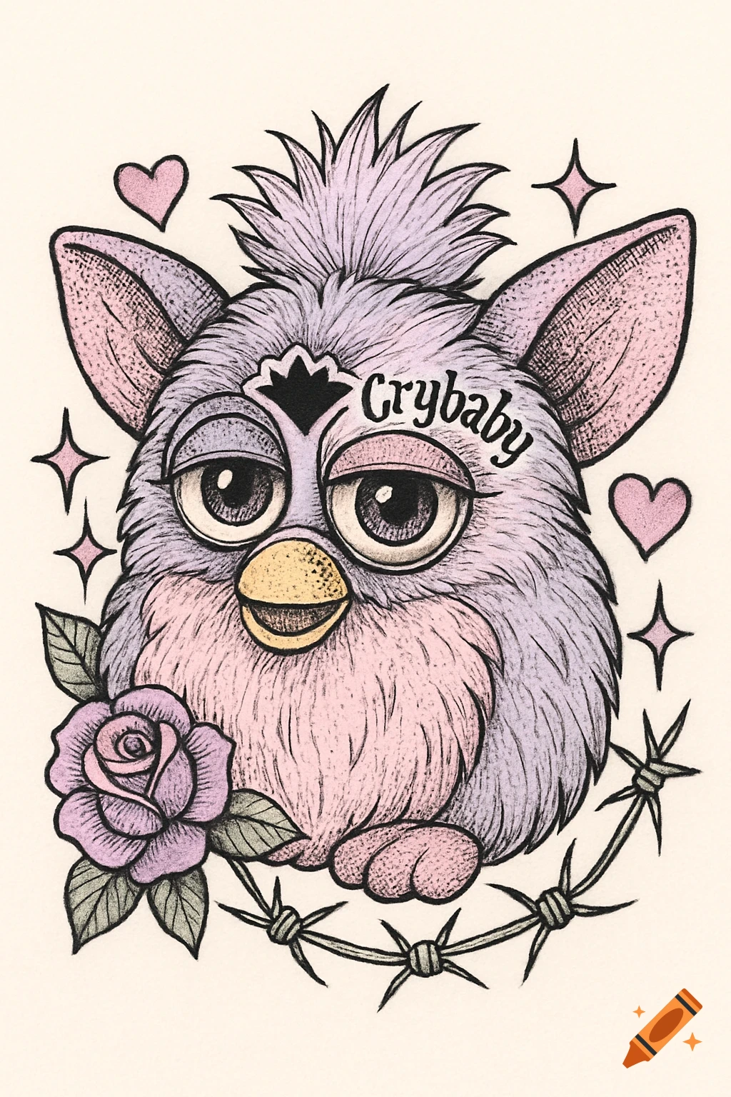 A stylized tattoo-style illustration of a purple and pink Furby with 'Crybaby' text, surrounded by hearts, stars, a rose, and barbed wire.