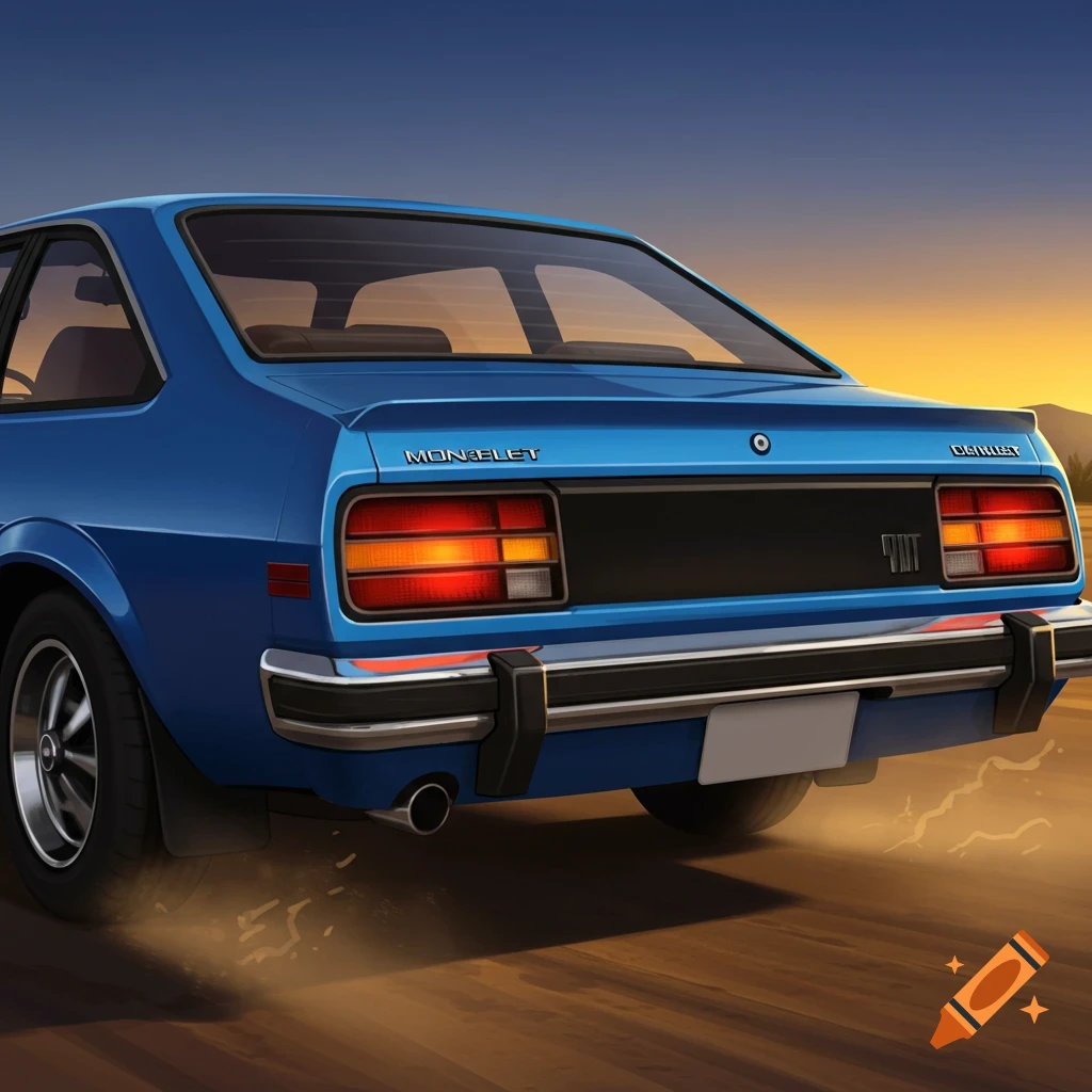 Rear view of a blue classic car, possibly a 1980s Chevrolet Monza, driving on a dirt road at sunset with kicked-up dust.