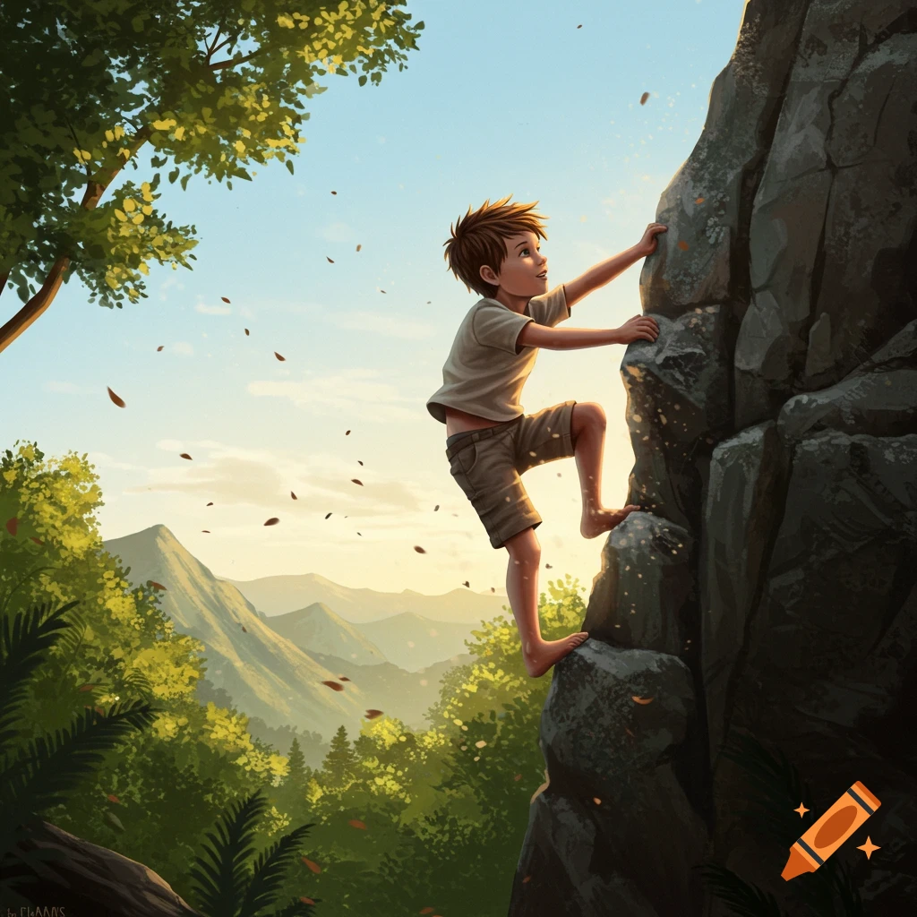 An illustrated boy bouldering up a rock face in a lush, mountainous landscape under a bright sky.