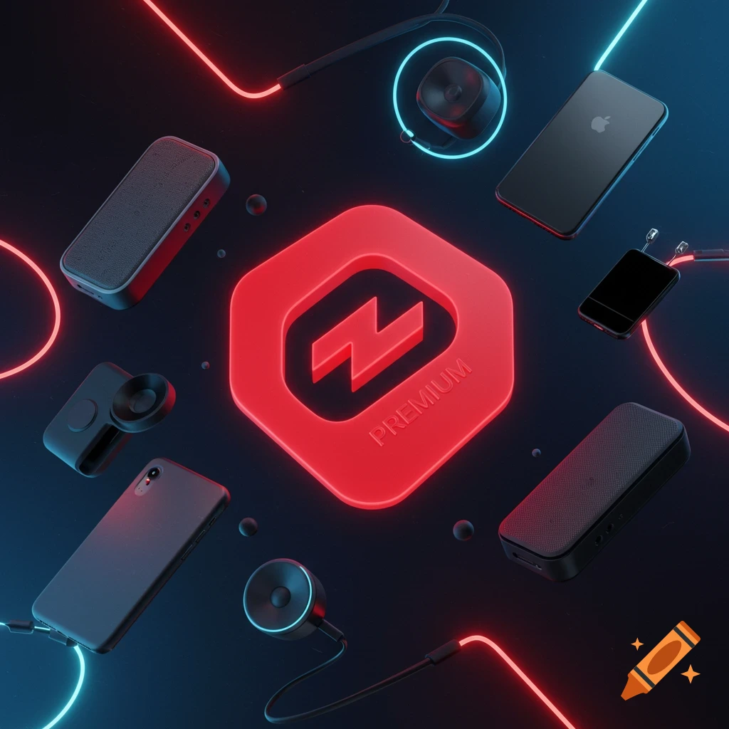 Red glowing hexagonal logo with a lightning bolt, surrounded by floating tech accessories including phones, speakers, and earbuds, with neon lights on a dark background.