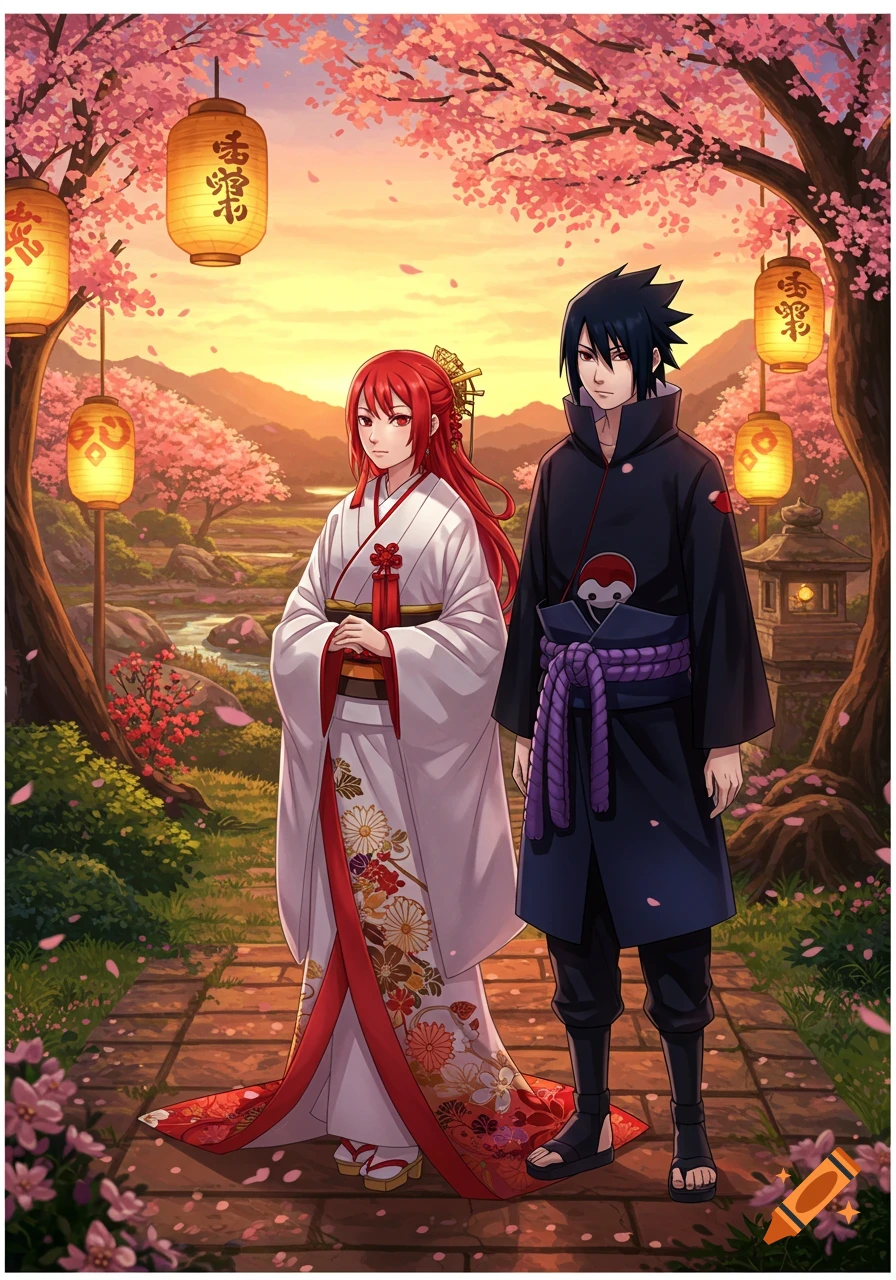 An anime couple, Kushina and Sasuke, in traditional Japanese wedding attire, stand on a path surrounded by pink cherry blossoms and glowing lanterns at sunset.