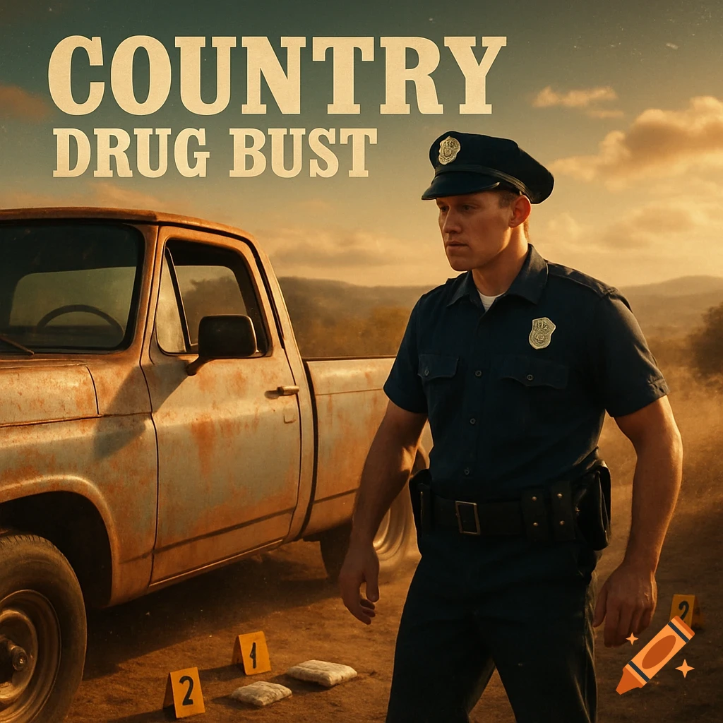 Photorealistic image of a police officer standing by a rusty pickup truck on a dusty road at a drug bust scene, with "COUNTRY DRUG BUST" text.