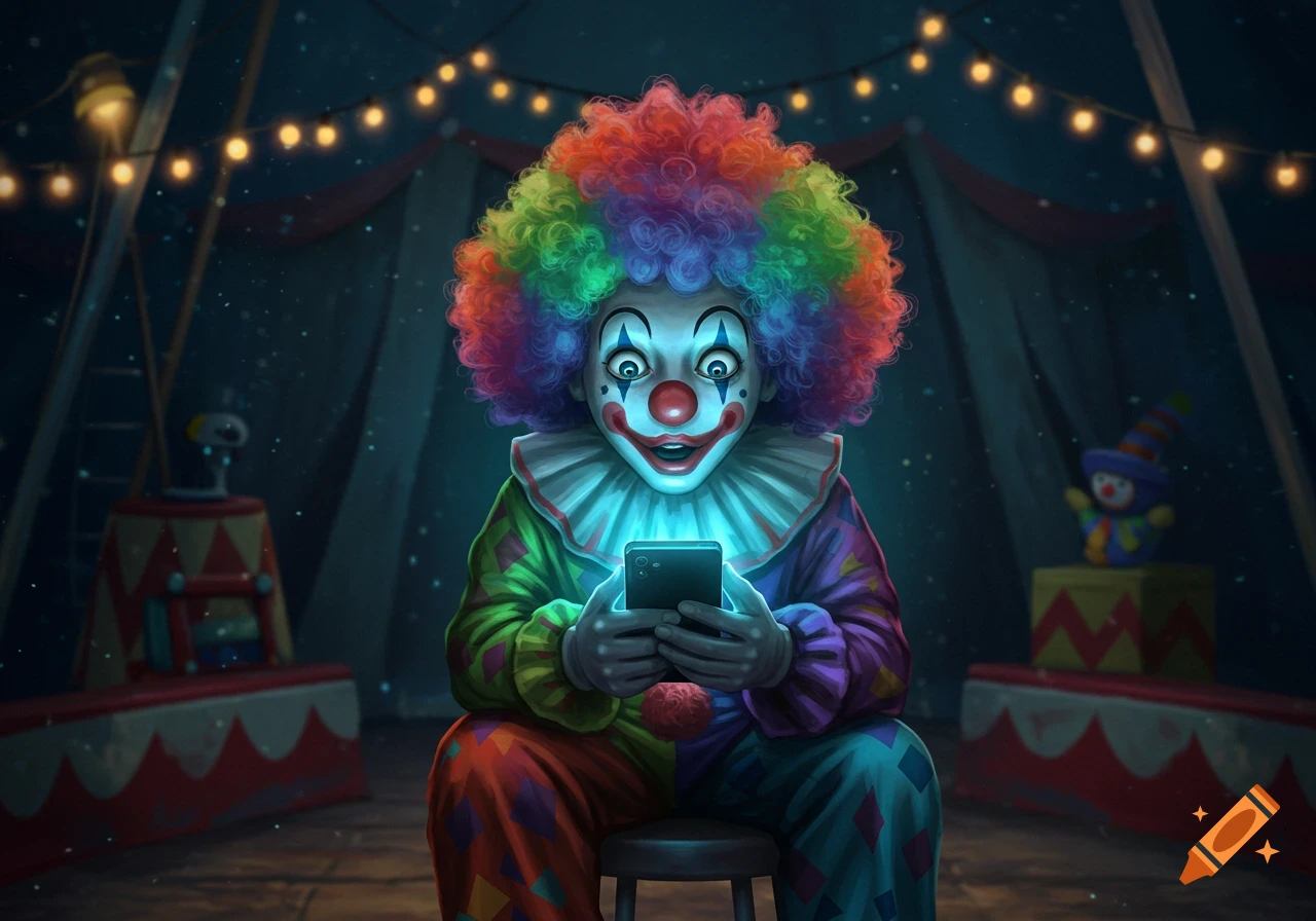 A colorful clown with a rainbow wig and makeup stares intently at a glowing smartphone in a dimly lit circus tent.
