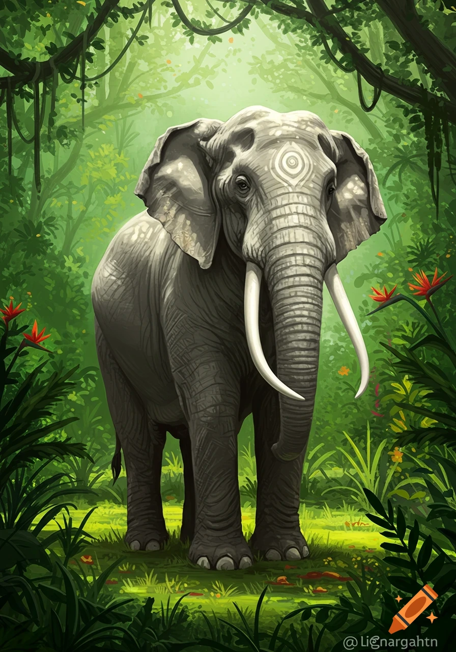 An illustration of a majestic elephant with intricate white markings on its forehead, standing amidst a lush green jungle.
