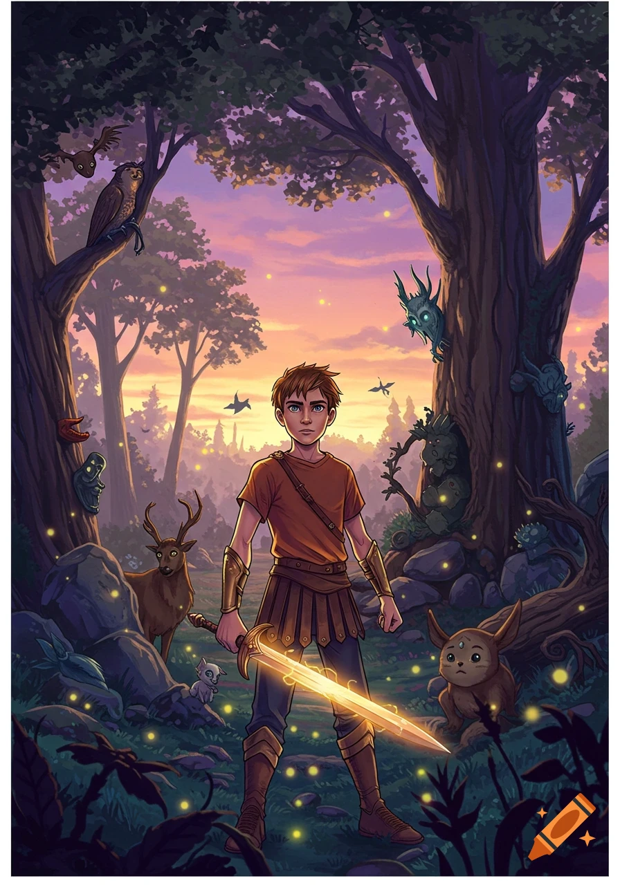 A young boy with a glowing sword stands in a magical forest surrounded by mythical creatures at sunset in a vibrant illustration.
