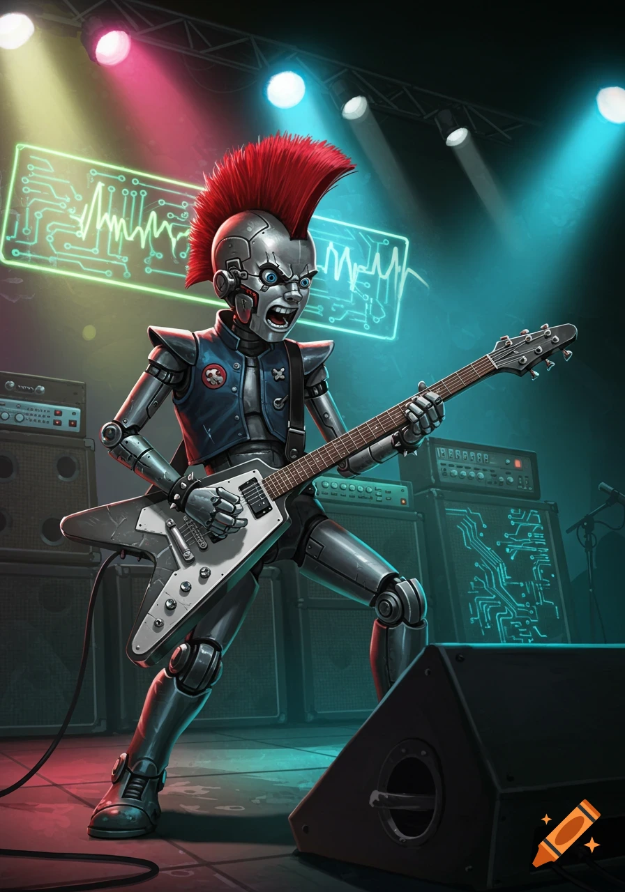 An angry punk rock robot with a red mohawk plays a flying V guitar on a stage with amplifiers.