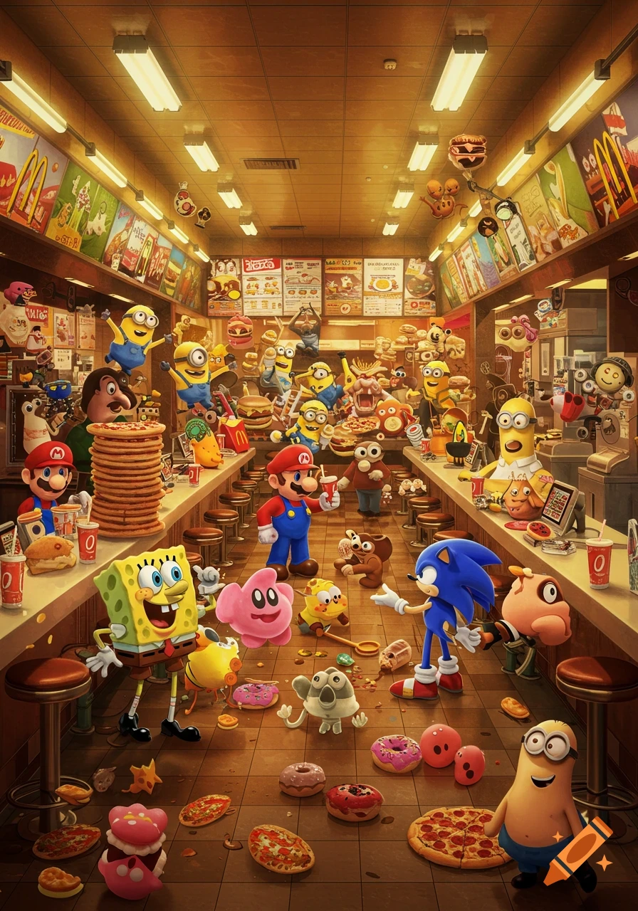 A crowded McDonald's-like restaurant filled with cartoon characters including Mario, SpongeBob, Sonic, and Minions, surrounded by pizzas, burgers, and donuts.