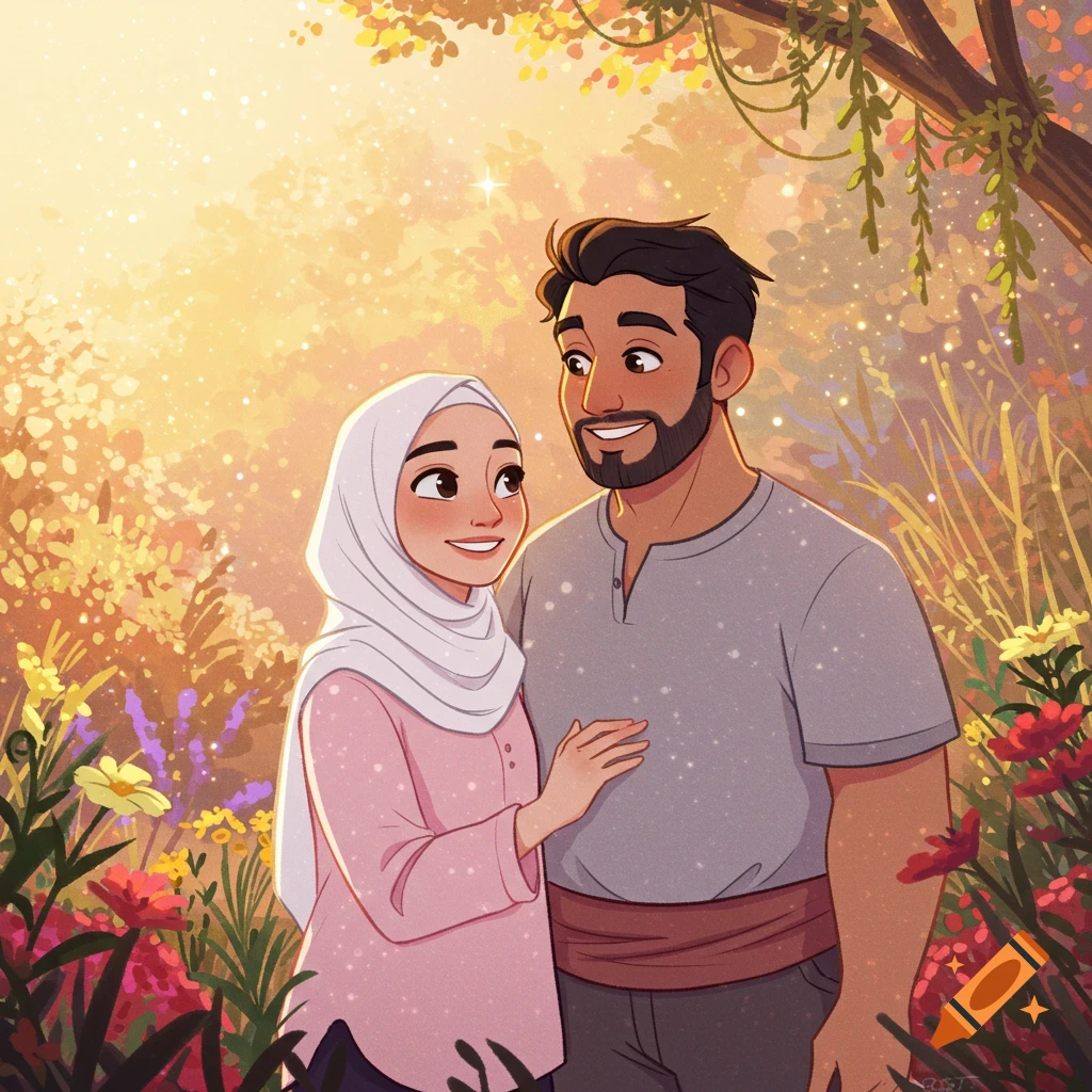 A Disney-style digital illustration of a smiling couple in a magical sunset garden, the woman wearing a white hijab.