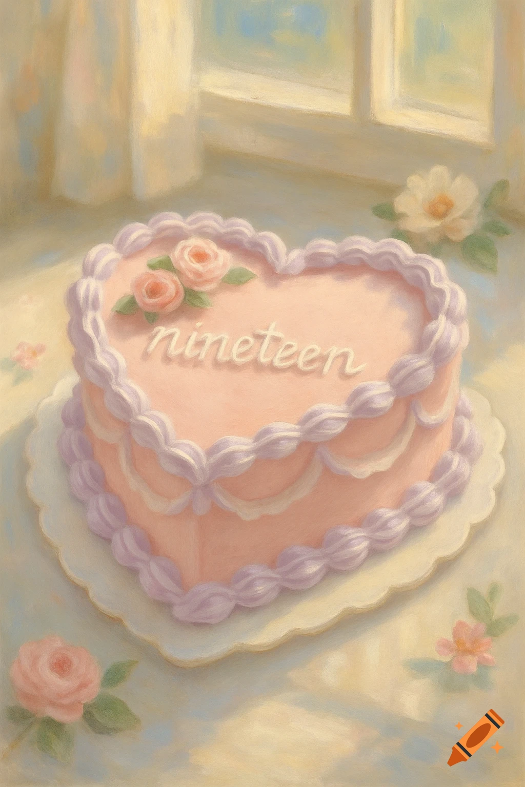 A pastel pink heart-shaped cake with purple and white frosting, decorated with small roses and the word 'nineteen', in a dreamy painted style.