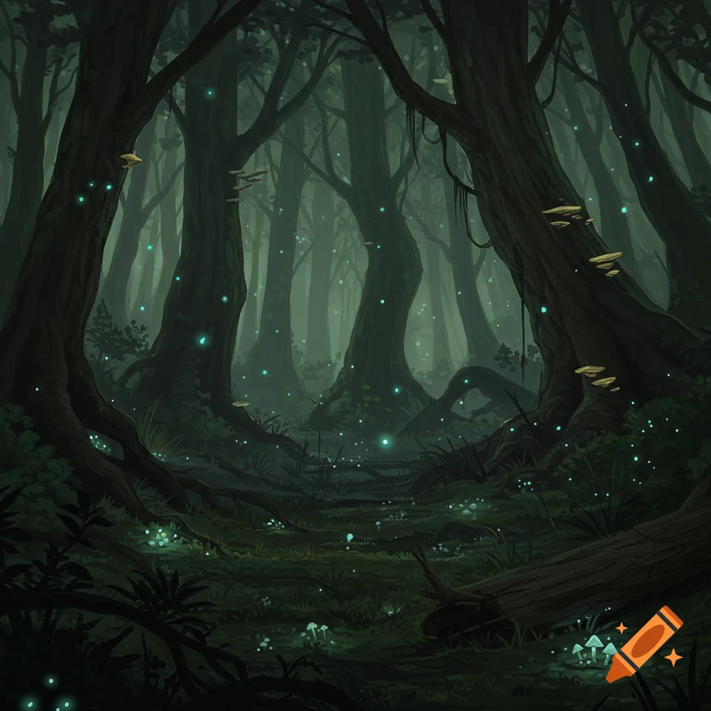 A dark, enchanted forest with tall, gnarled trees, glowing blue particles, and luminous white mushrooms on mossy ground.