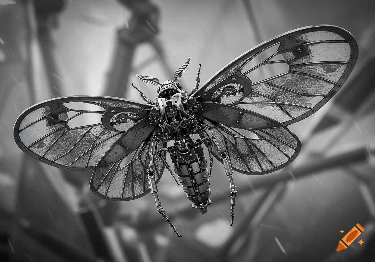 A detailed black and white image of a mechanical moth with intricate gears and translucent wings.