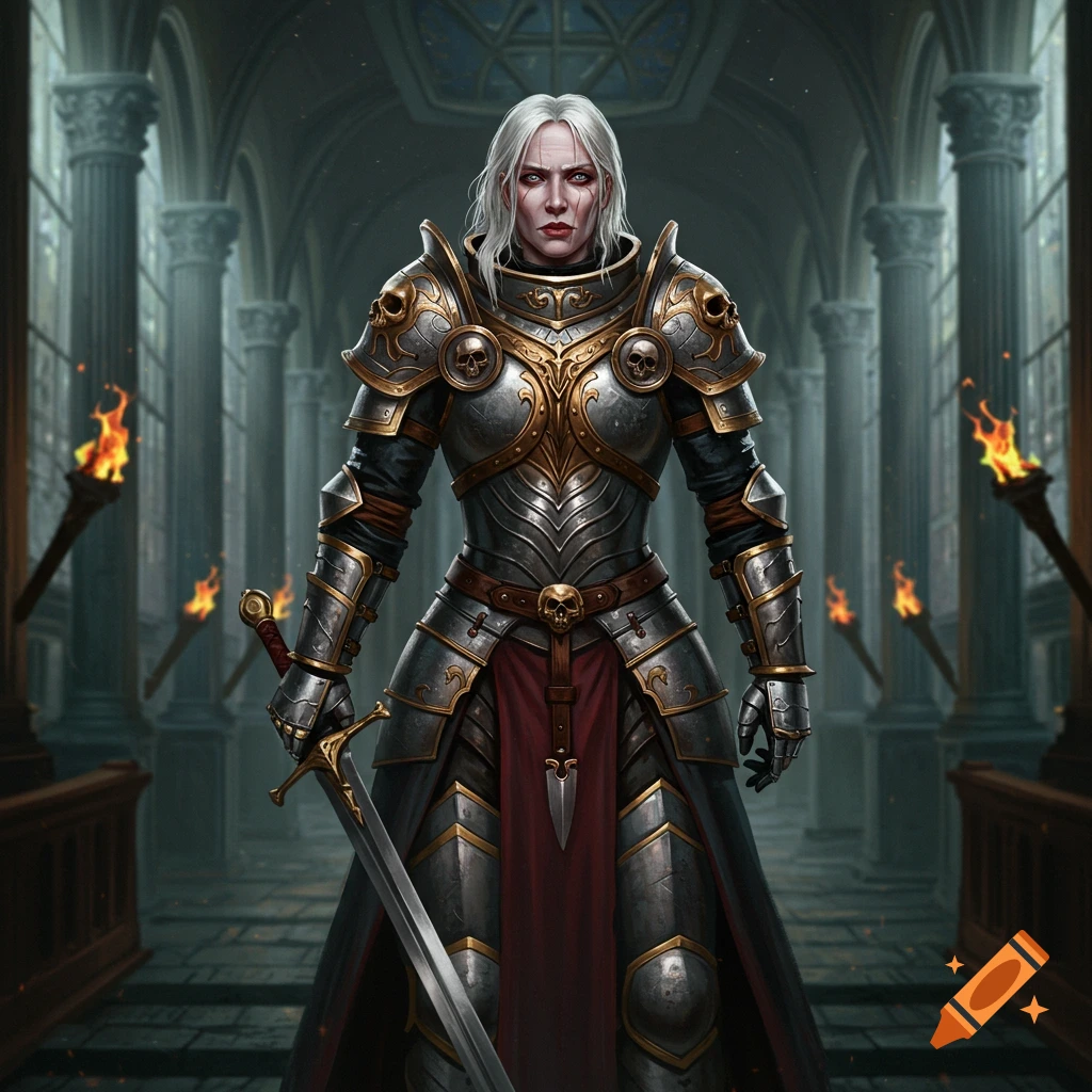 A female warrior with white hair in ornate gold and silver armor stands in a dark gothic hall, holding a longsword.