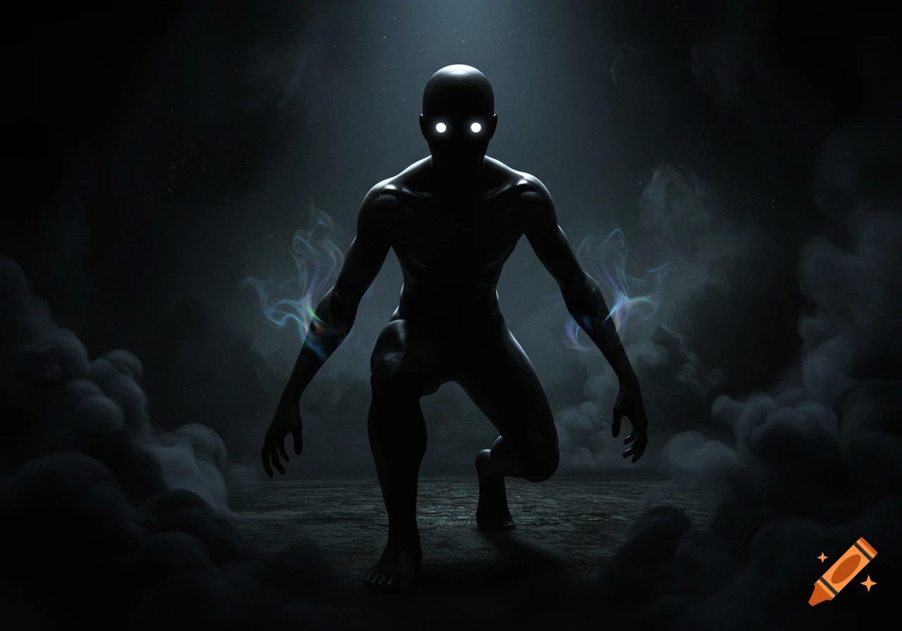 A dark, shadowy humanoid figure with glowing white eyes crouches in a mysterious, smoky environment.