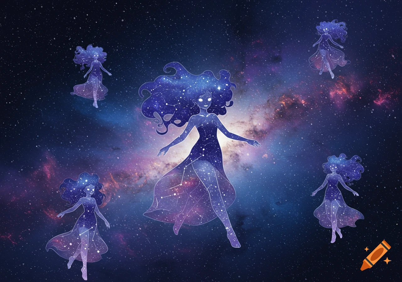An illustration of a large central female figure and four smaller figures, all made of stars and constellations, against a vibrant galaxy background.