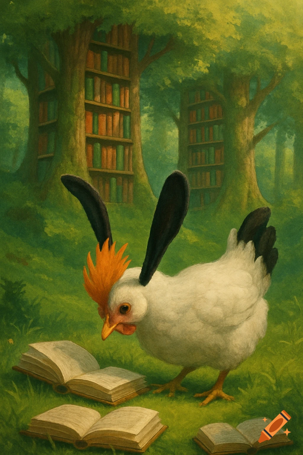 A whimsical white chicken with long black ears and an orange crest pecks at open books in a lush forest with tree-trunk bookshelves.